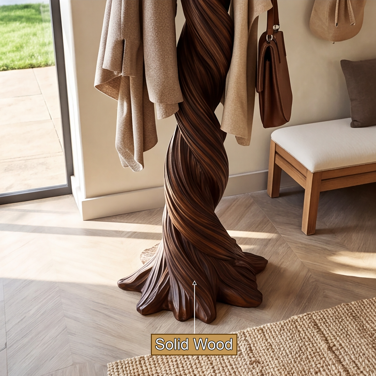 Norowyn Twisting Sculpted Tree Coat Rack by Timberustic — solid wood detail