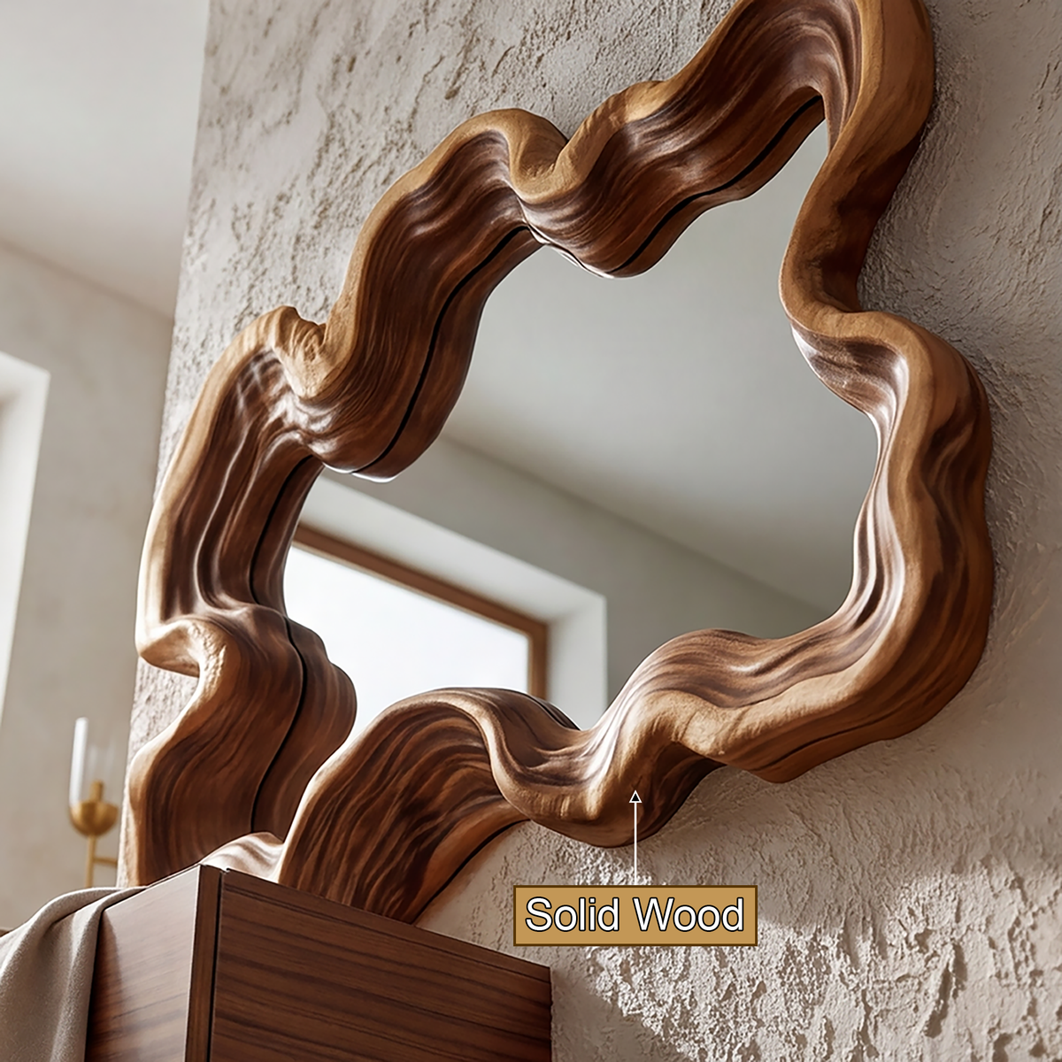 Ondavyr Undulating Sculpted Handcrafted Mirror Frame by Timberustic — solid wood detail