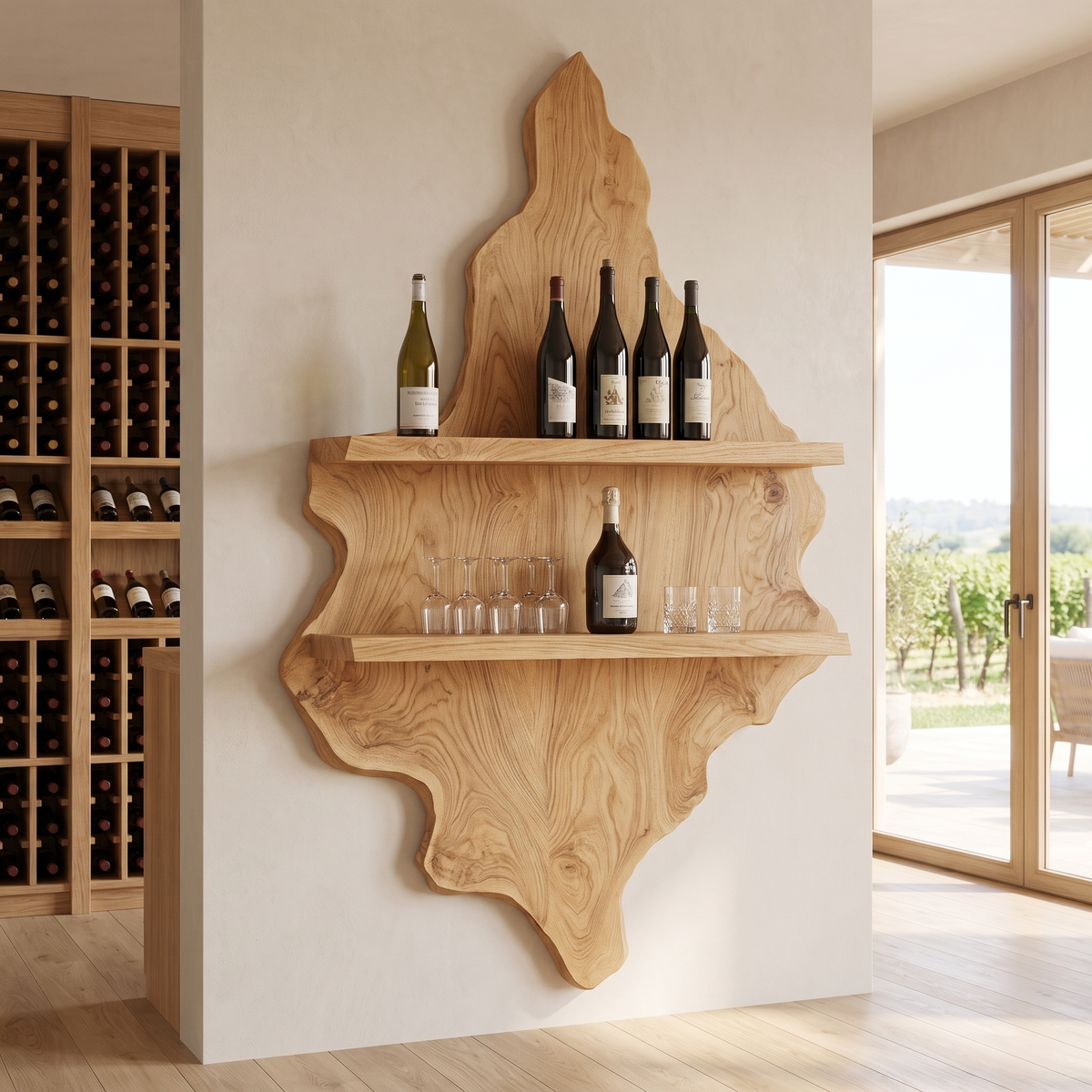 Orelune Live Edge Handcrafted Floating Wine Shelf by Timberustic — Natural Oak finish
