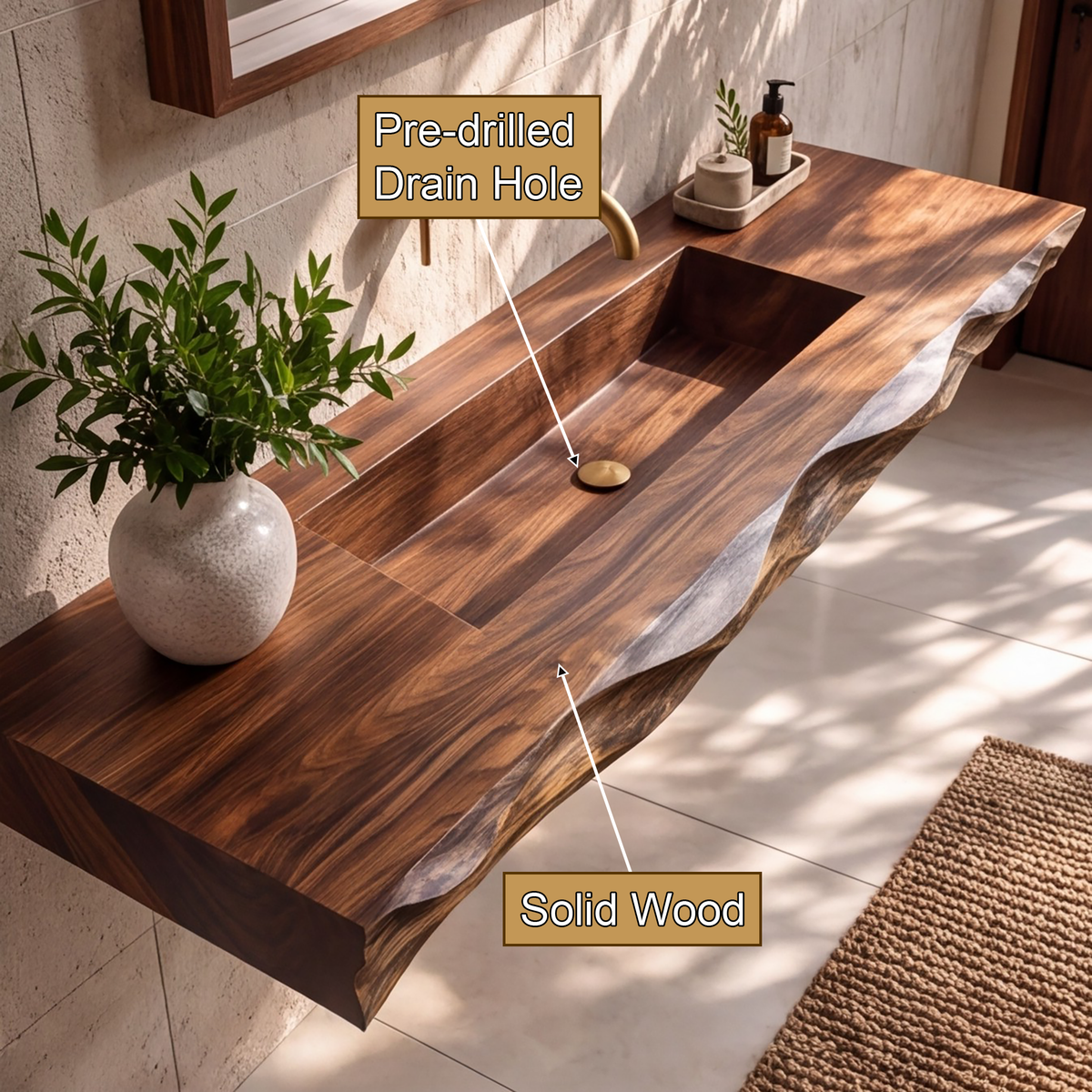 Orevyn Sculpted Live Edge Handcrafted Floating Bathroom Vanity with Integrated Sink - Timberustic Floating Bathroom Vanity with Integrated Sink