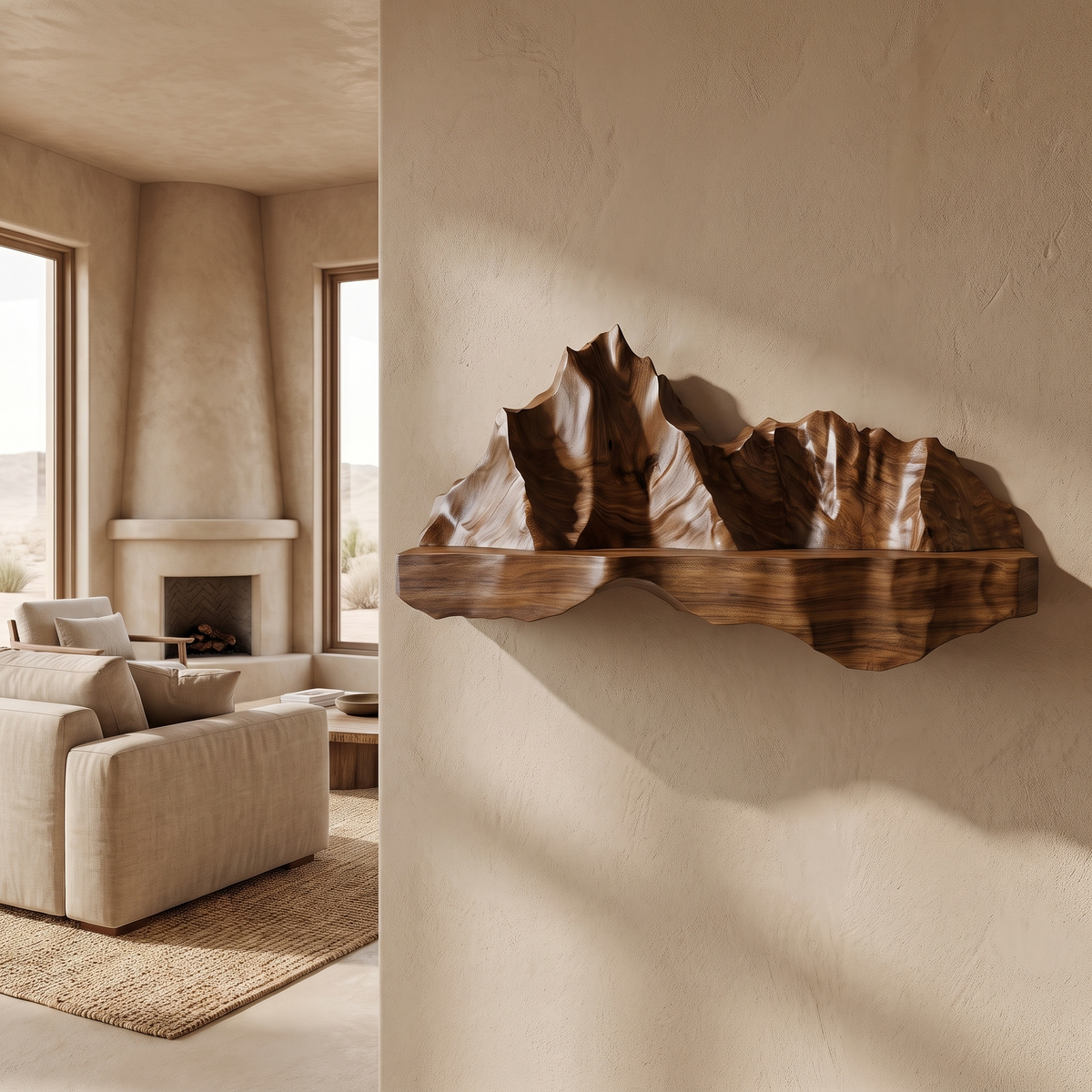 Oridell Sculpted Mountain Landscape Handcrafted Floating Shelf Brown - Timberustic Floating Shelf