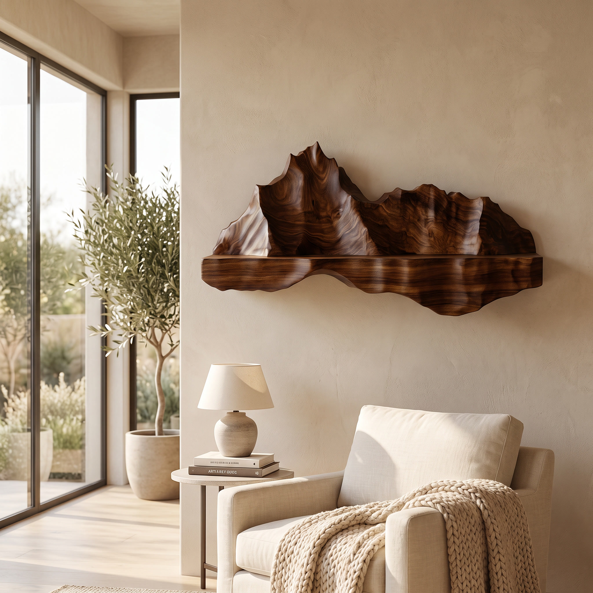Oridell Sculpted Mountain Landscape Handcrafted Floating Shelf Dark Walnut - Timberustic Floating Shelf