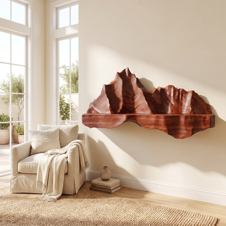 Oridell Sculpted Mountain Landscape Handcrafted Floating Shelf Mahogany - Timberustic Floating Shelf