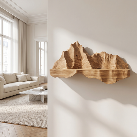 Oridell Sculpted Mountain Landscape Handcrafted Floating Shelf Natural Oak - Timberustic Floating Shelf