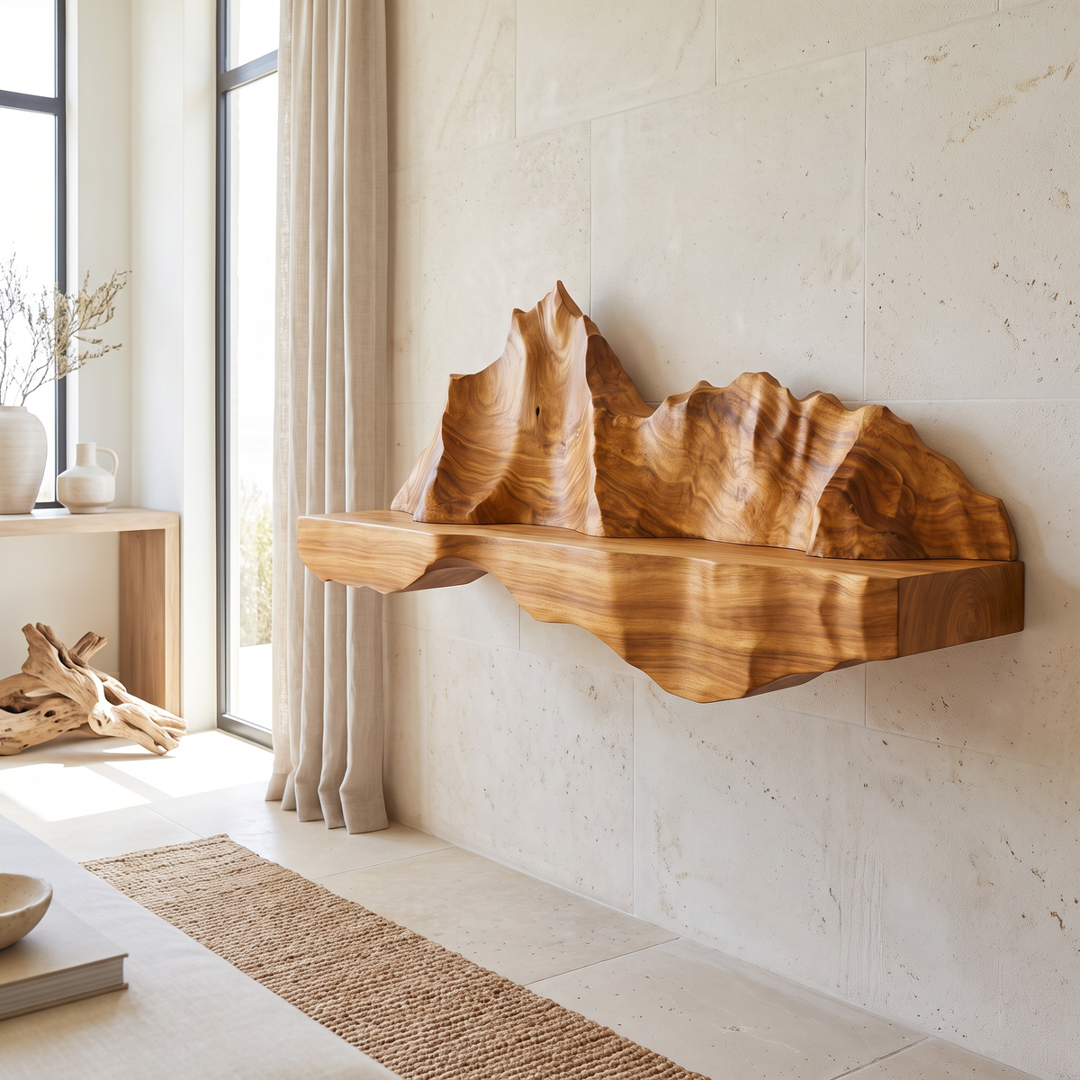 Oridell Sculpted Mountain Landscape Handcrafted Floating Shelf Teak - Timberustic Floating Shelf