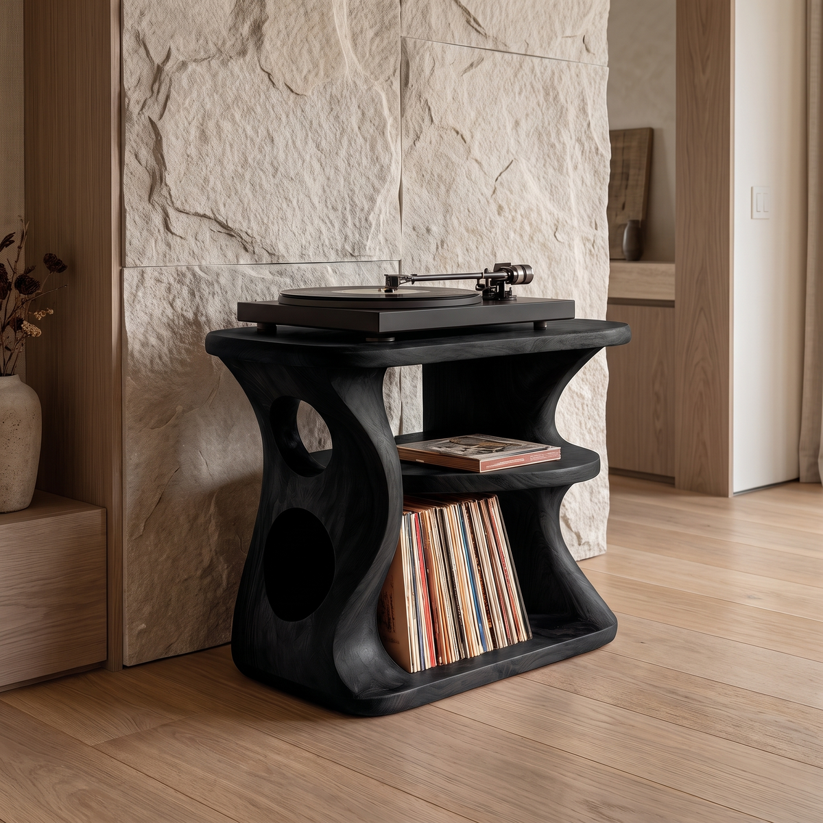 Oridrin Cutout Sculpted Handcrafted Record Player Stand With Storage Black - Timberustic Record Player Stand With Storage