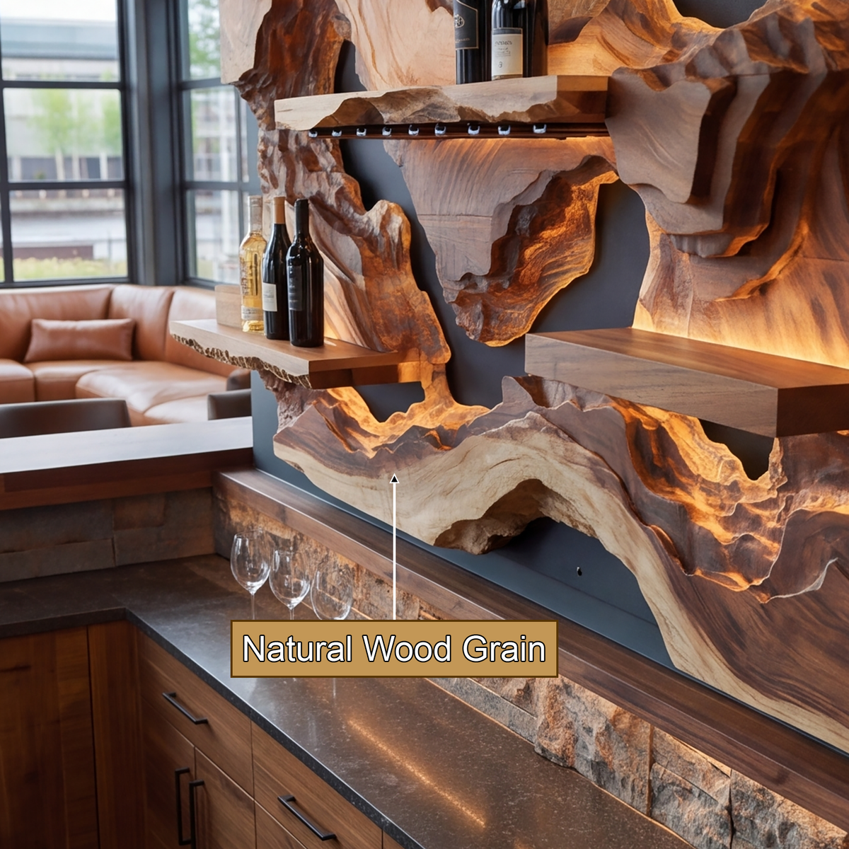Ororell Sculpted Topographic Mountain Handcrafted Floating Wine Shelf by Timberustic — natural wood grain detail
