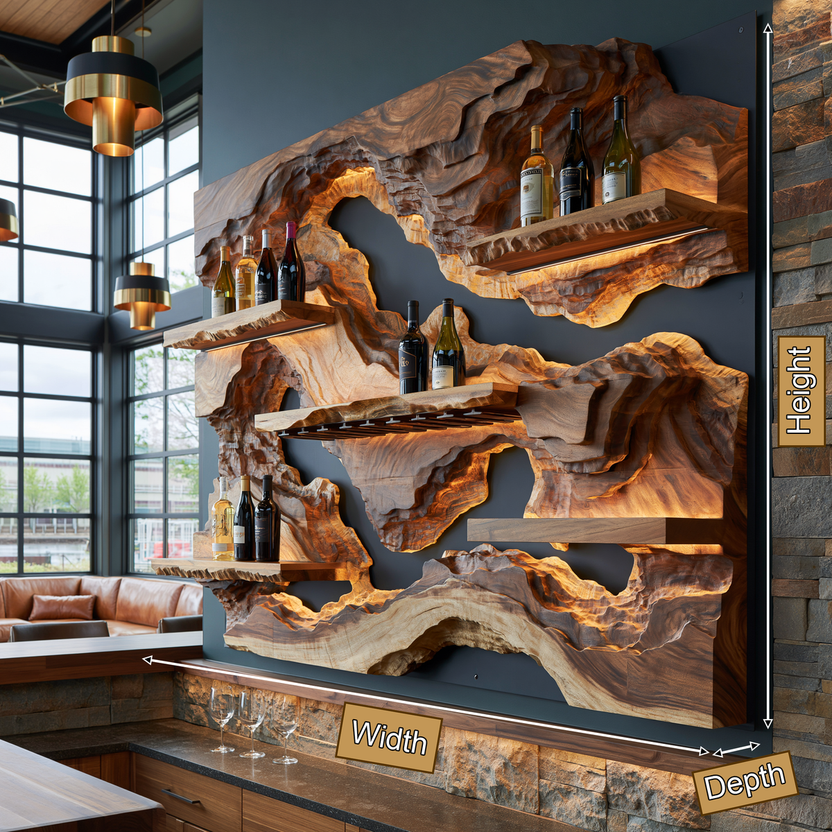 Ororell Sculpted Topographic Mountain Handcrafted Floating Wine Shelf by Timberustic — product dimensions