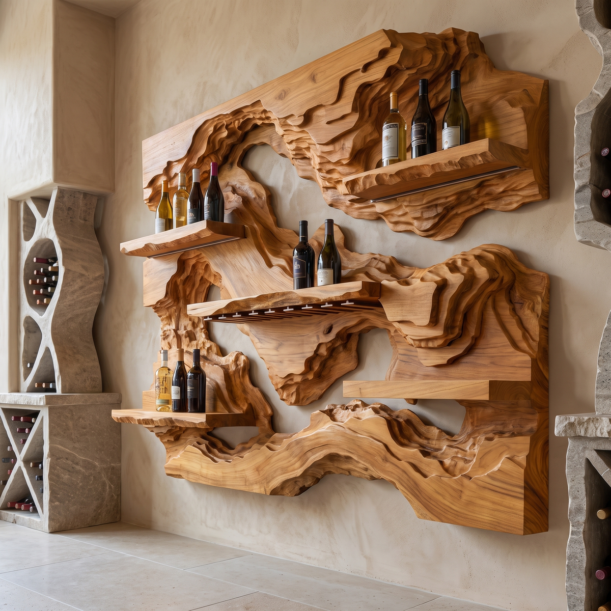 Ororell Sculpted Topographic Mountain Handcrafted Floating Wine Shelf by Timberustic — Teak finish