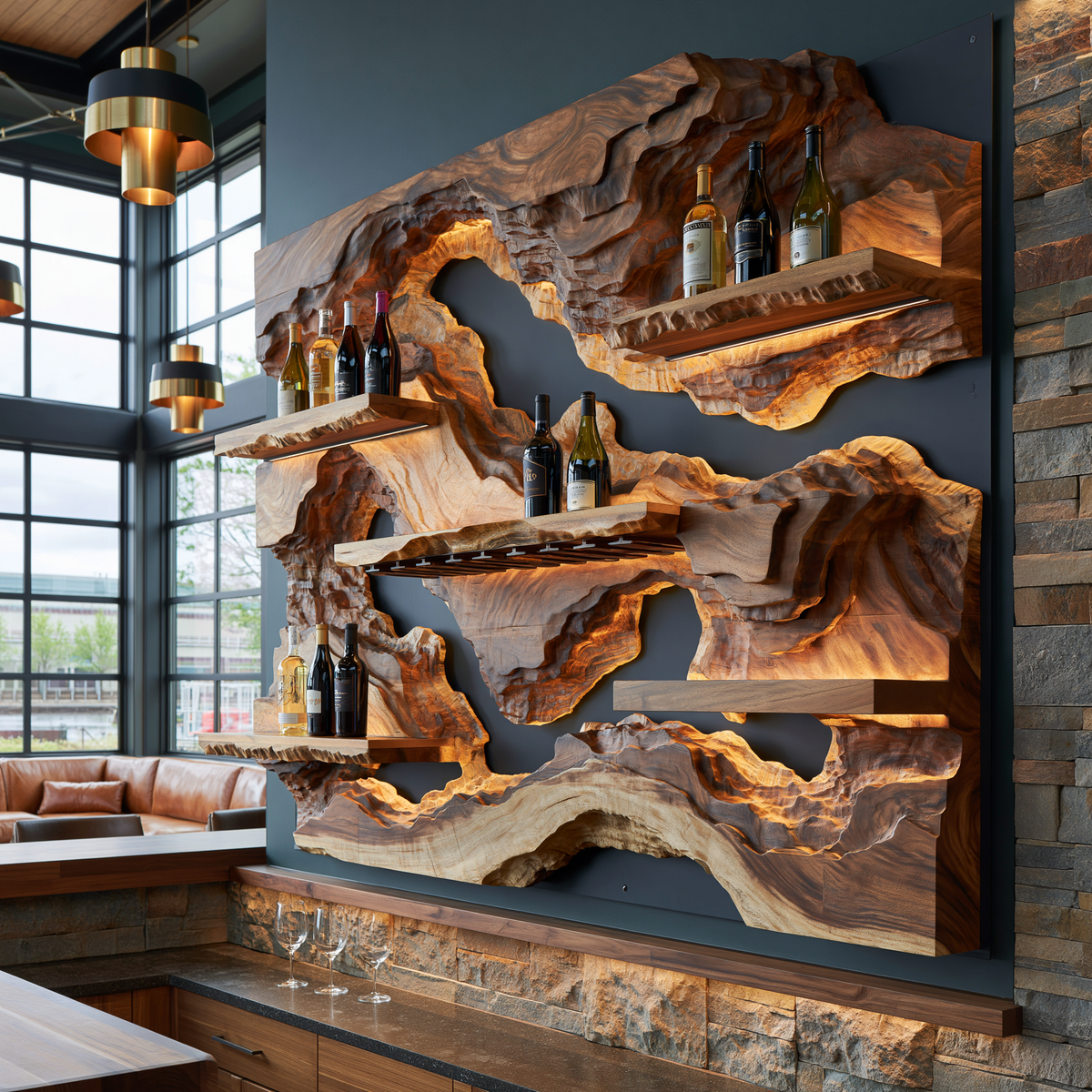 Ororell Sculpted Topographic Mountain Handcrafted Floating Wine Shelf by Timberustic — overall product view