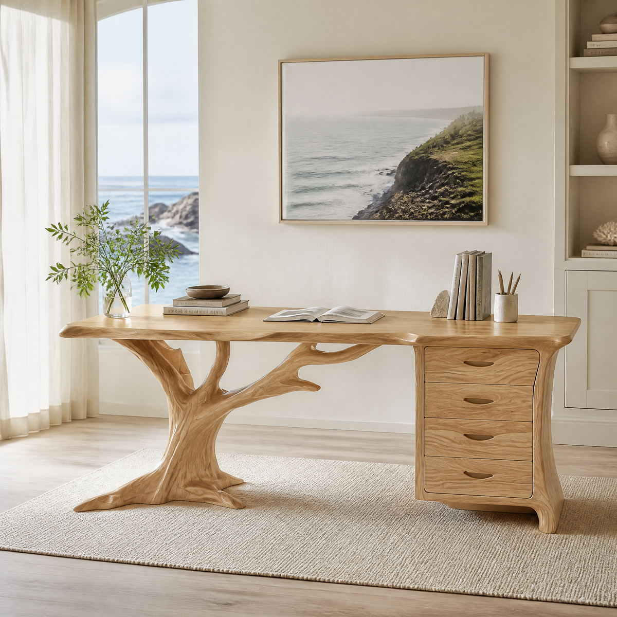 Ororien Sculpted Tree Branch Handcrafted Desk With Drawers by Timberustic — Natural Oak finish