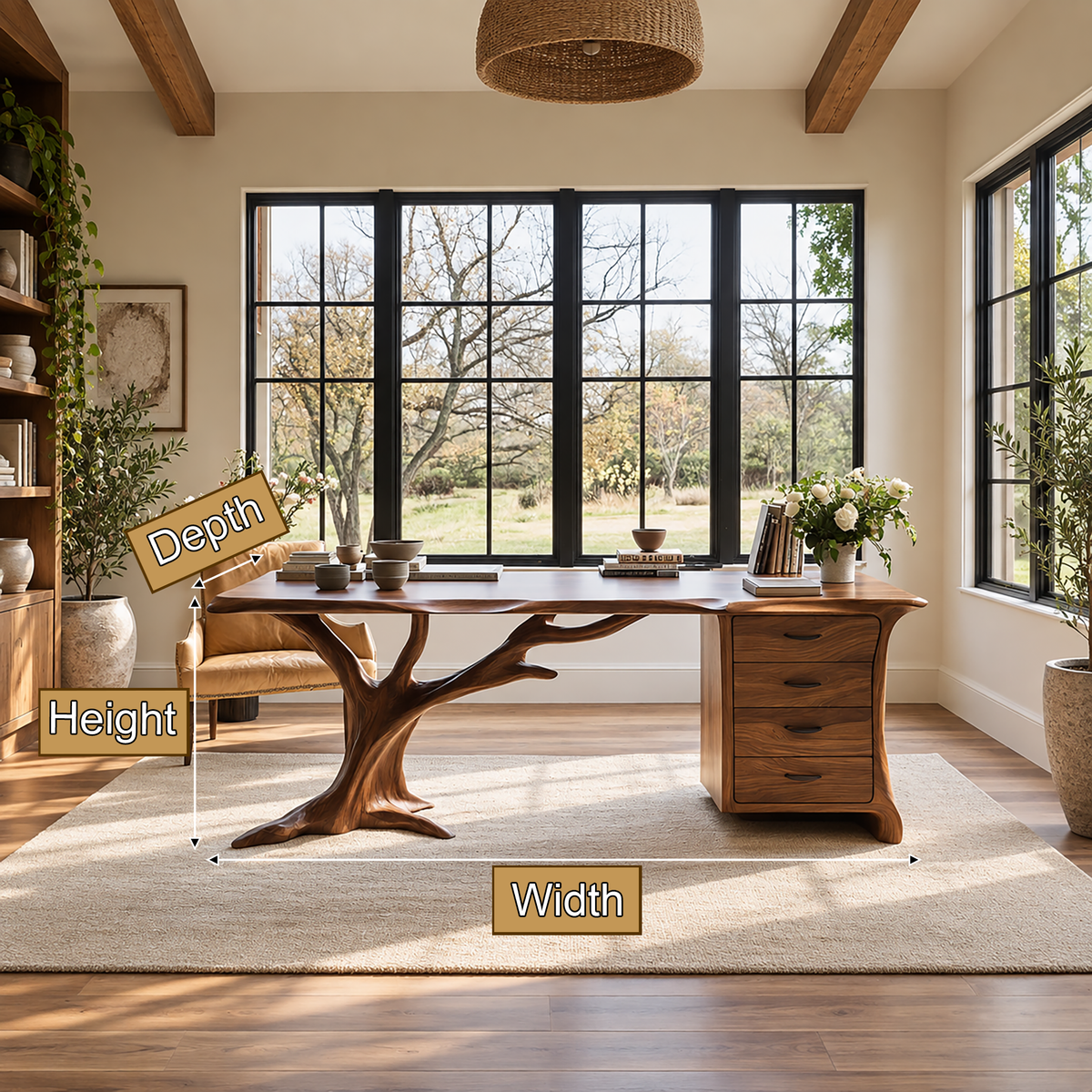 Ororien Sculpted Tree Branch Handcrafted Desk With Drawers by Timberustic — product dimensions