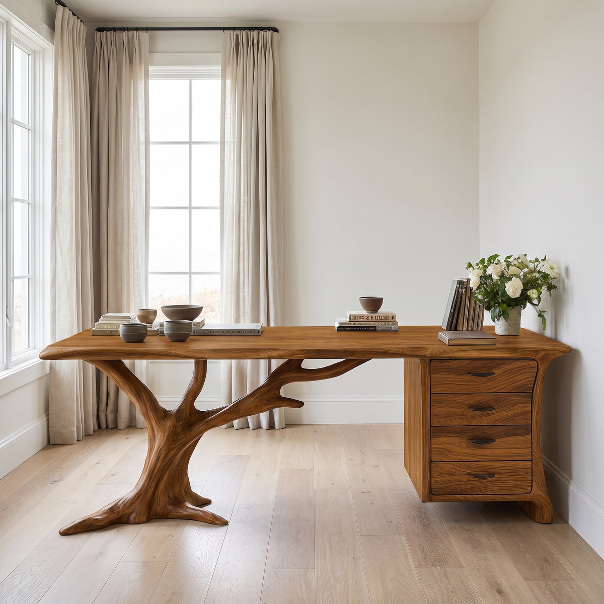 Ororien Sculpted Tree Branch Handcrafted Desk With Drawers by Timberustic — Teak finish