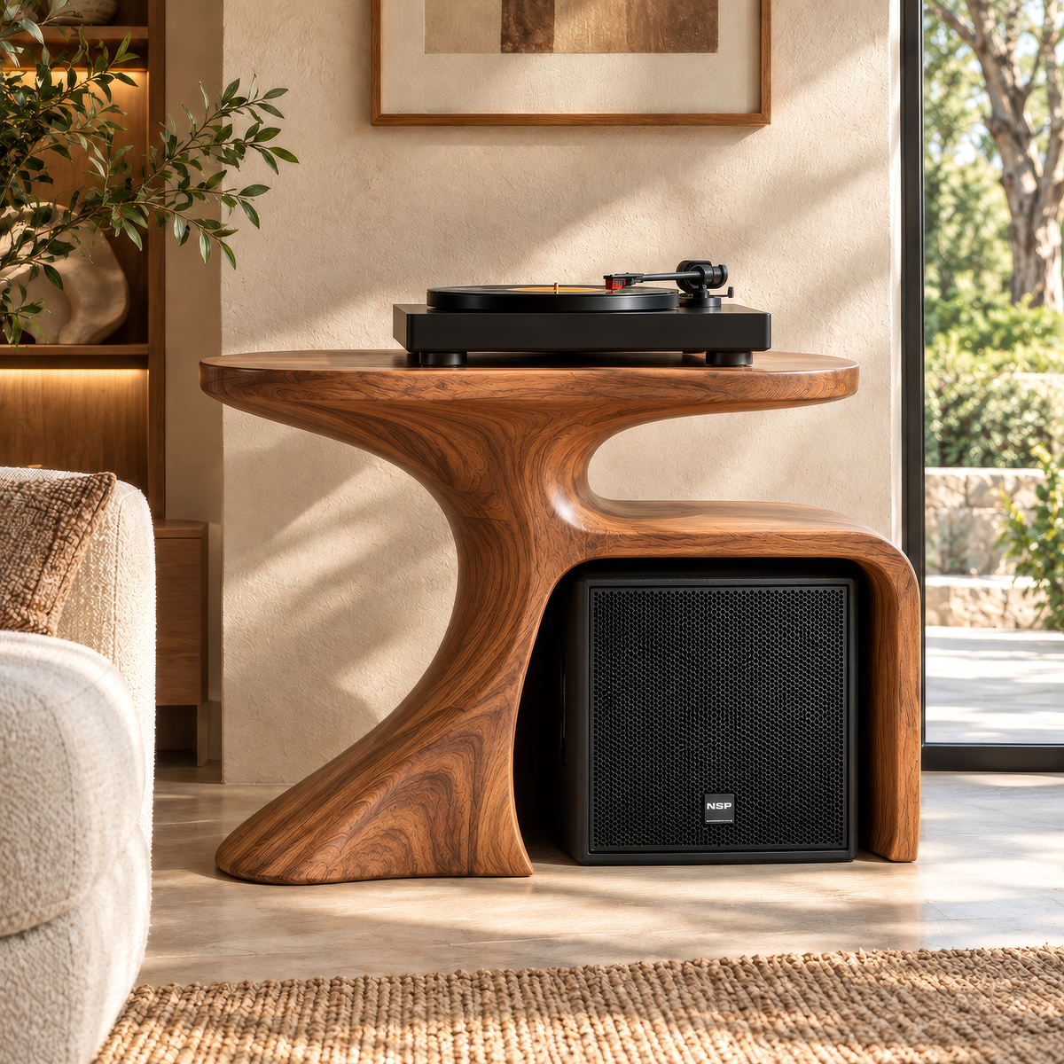 Oryven Sculpted Curved Frame Handcrafted Record Player Stand With Storage - Timberustic Record Player Stand With Storage