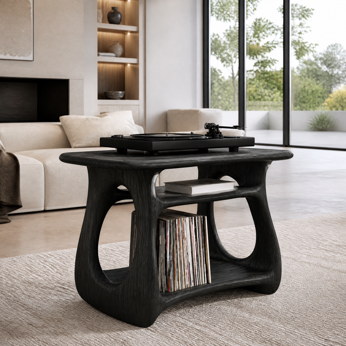 Ovara Sculpted Rounded Frame Handcrafted Record Player Stand With Storage by Timberustic — Black finish