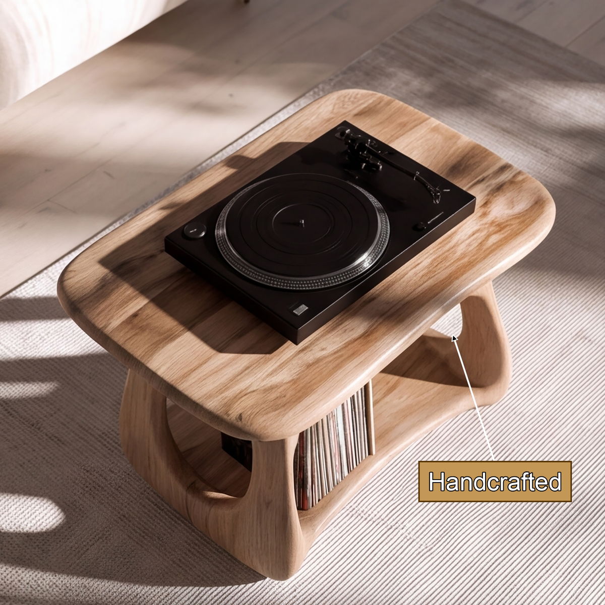 Ovara Sculpted Rounded Frame Handcrafted Record Player Stand With Storage by Timberustic — handcrafted details
