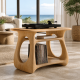 Ovara Sculpted Rounded Frame Handcrafted Record Player Stand With Storage by Timberustic — Natural Oak finish