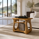 Ovara Sculpted Rounded Frame Handcrafted Record Player Stand With Storage by Timberustic — Teak finish