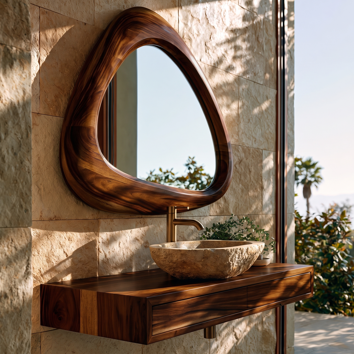 Ovelune Rounded-Triangle Sculpted Handcrafted Mirror Frame by Timberustic — Dark Walnut finish