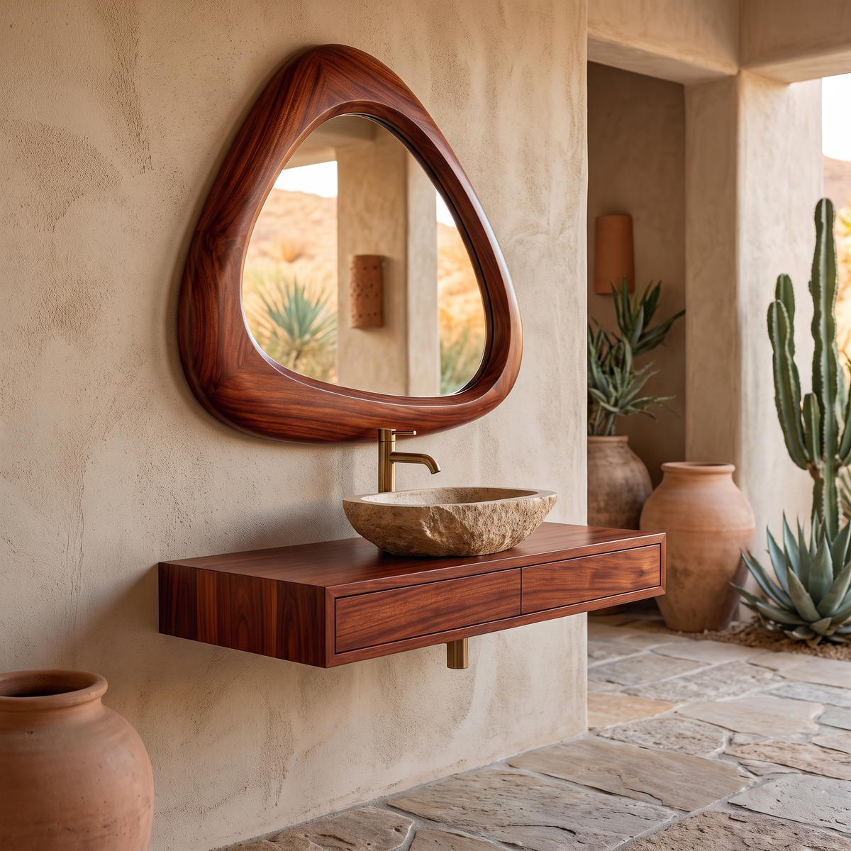 Ovelune Rounded-Triangle Sculpted Handcrafted Mirror Frame by Timberustic — Mahogany finish
