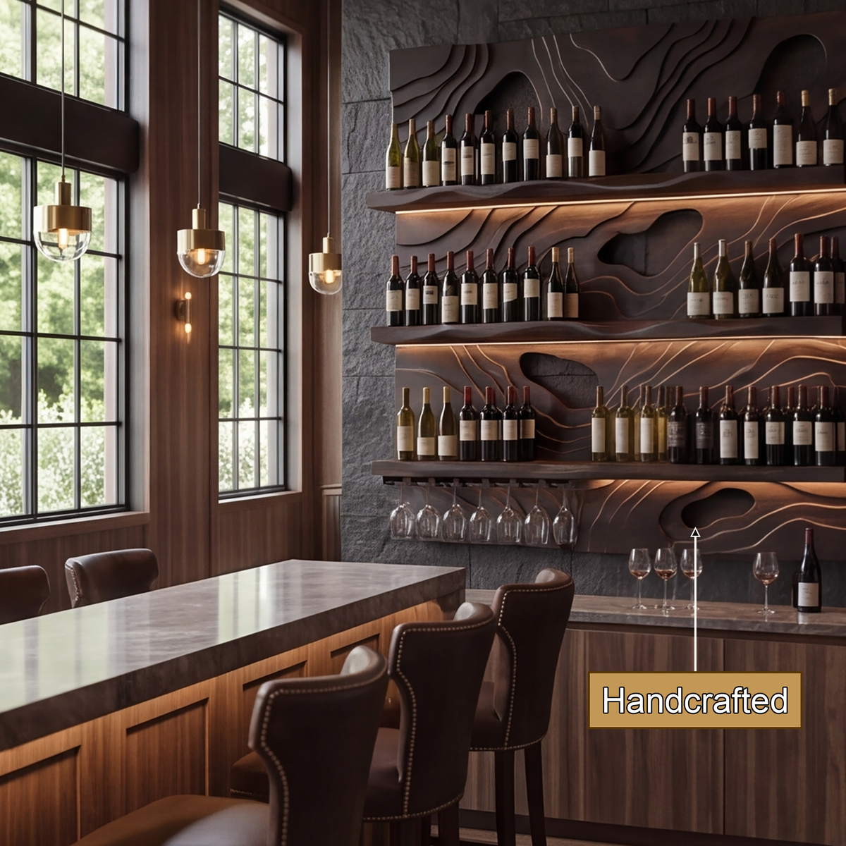 Ravelyth Sculpted Relief Handcrafted Floating Wine Shelf by Timberustic — handcrafted details