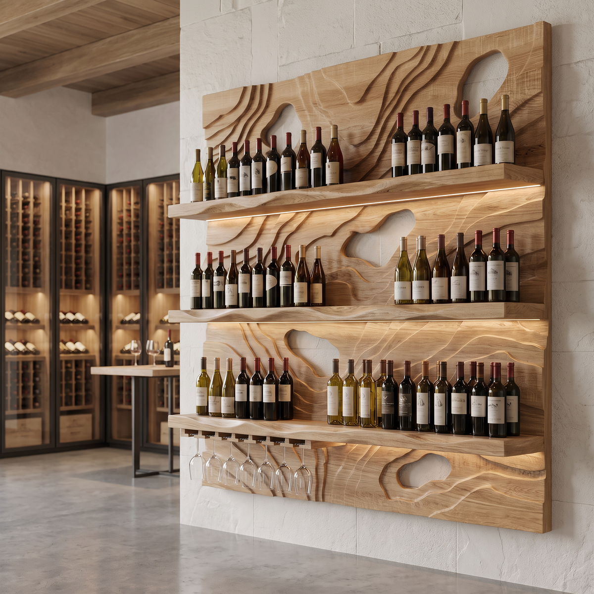 Ravelyth Sculpted Relief Handcrafted Floating Wine Shelf by Timberustic — Natural Oak finish