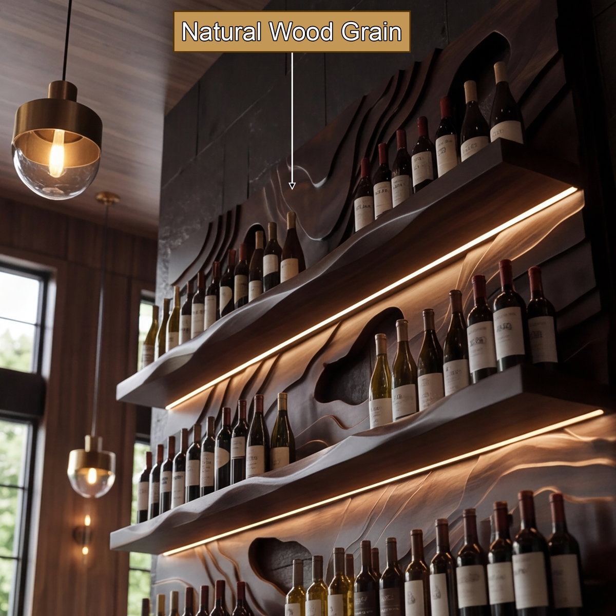 Ravelyth Sculpted Relief Handcrafted Floating Wine Shelf by Timberustic — natural wood grain detail
