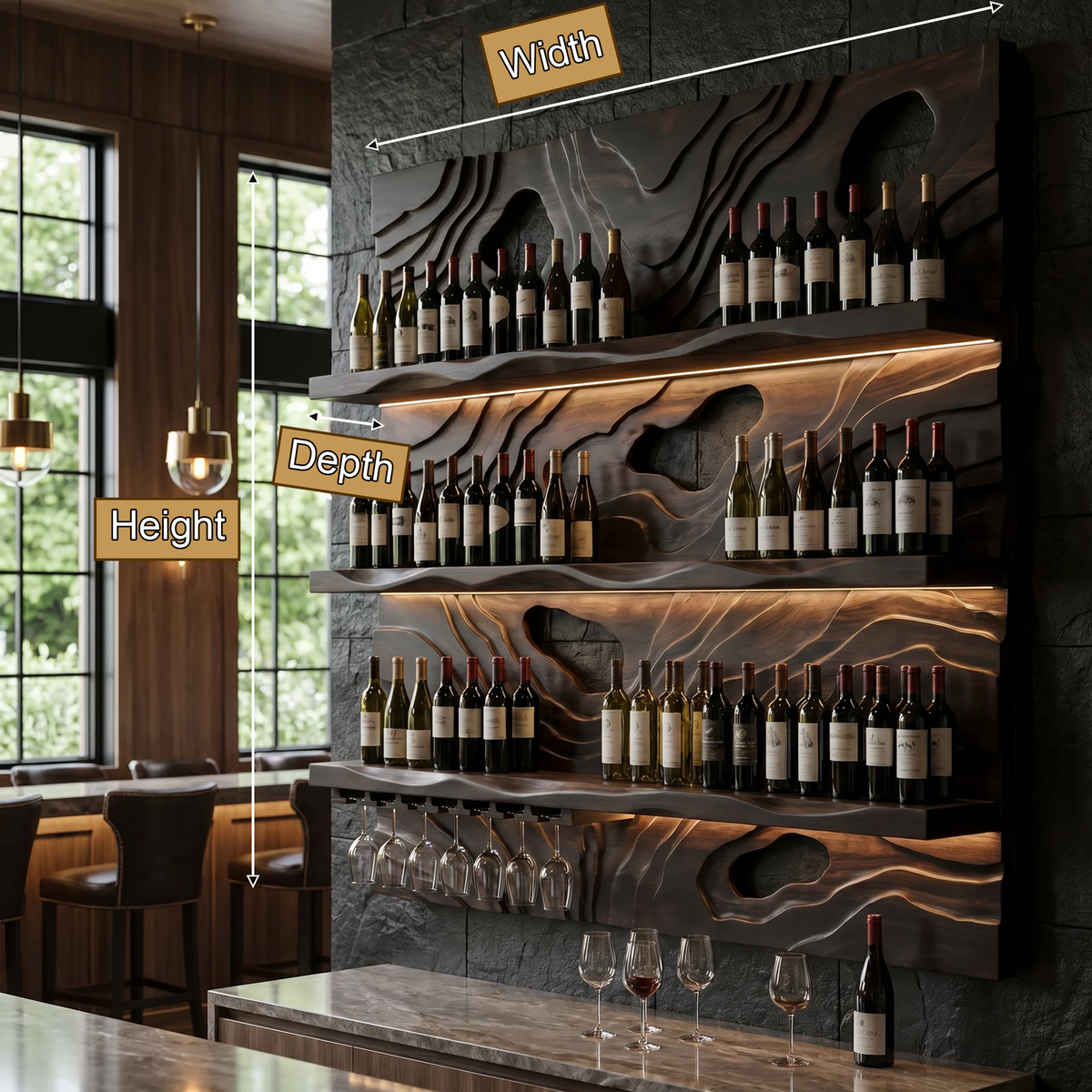 Ravelyth Sculpted Relief Handcrafted Floating Wine Shelf by Timberustic — product dimensions