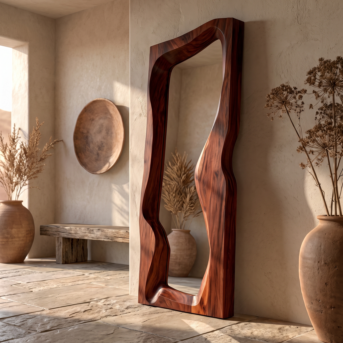 Ravessa Undulating Sculpted Handcrafted Mirror Frame by Timberustic — Mahogany finish