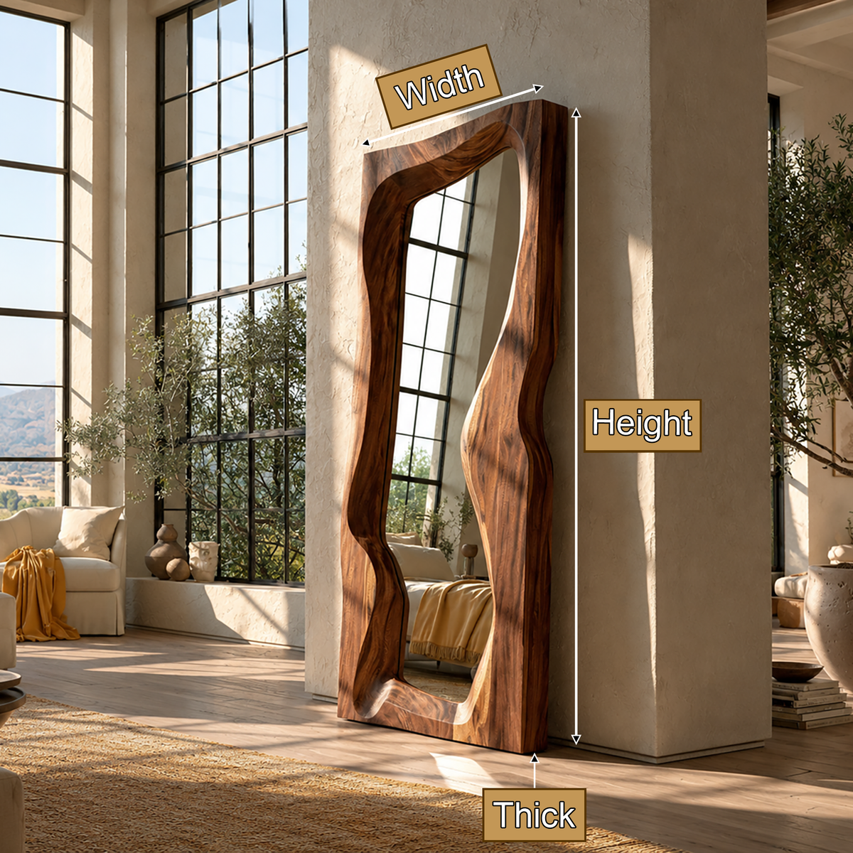Ravessa Undulating Sculpted Handcrafted Mirror Frame by Timberustic — product dimensions