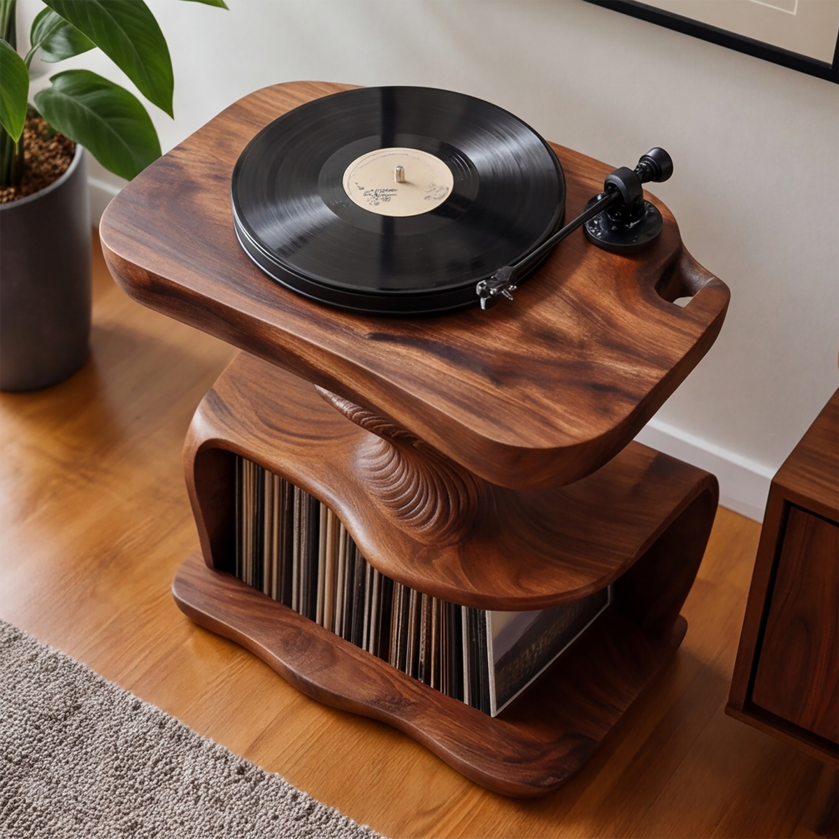 Rhyvora Twisting Sculpted Handcrafted Record Player Stand With Storage - Timberustic Record Player Stand With Storage