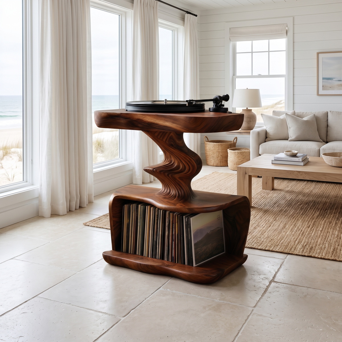 Rhyvora Twisting Sculpted Handcrafted Record Player Stand With Storage Dark Walnut - Timberustic Record Player Stand With Storage