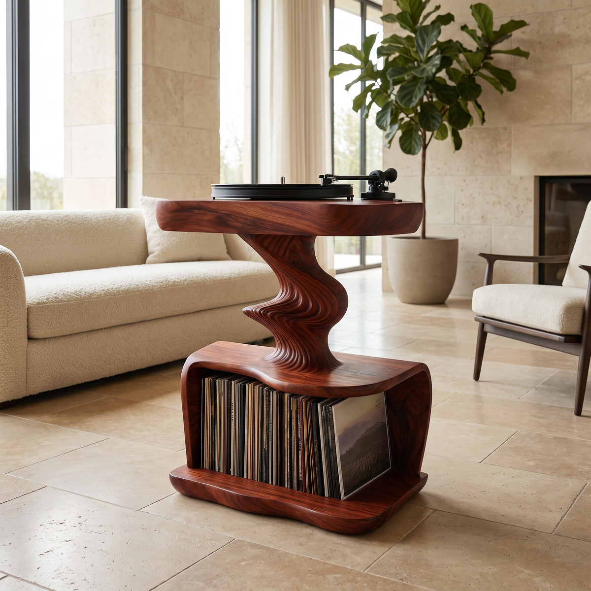 Rhyvora Twisting Sculpted Handcrafted Record Player Stand With Storage Mahogany - Timberustic Record Player Stand With Storage