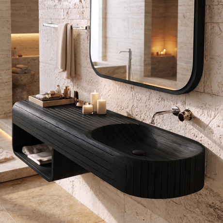 Rivessa Ribbed Sculpted Handcrafted Floating Bathroom Vanity with Integrated Sink and Open Storage Black - Timberustic Floating Bathroom Vanity with Integrated Sink and Open Storage