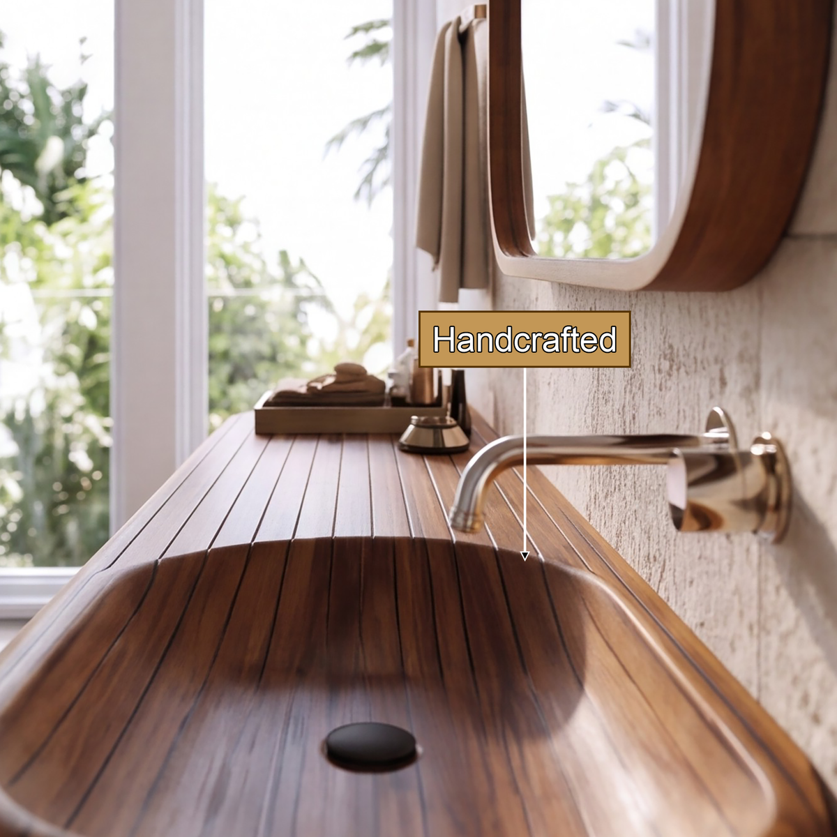 Rivessa Ribbed Sculpted Handcrafted Floating Bathroom Vanity with Integrated Sink and Open Storage by Timberustic — handcrafted details