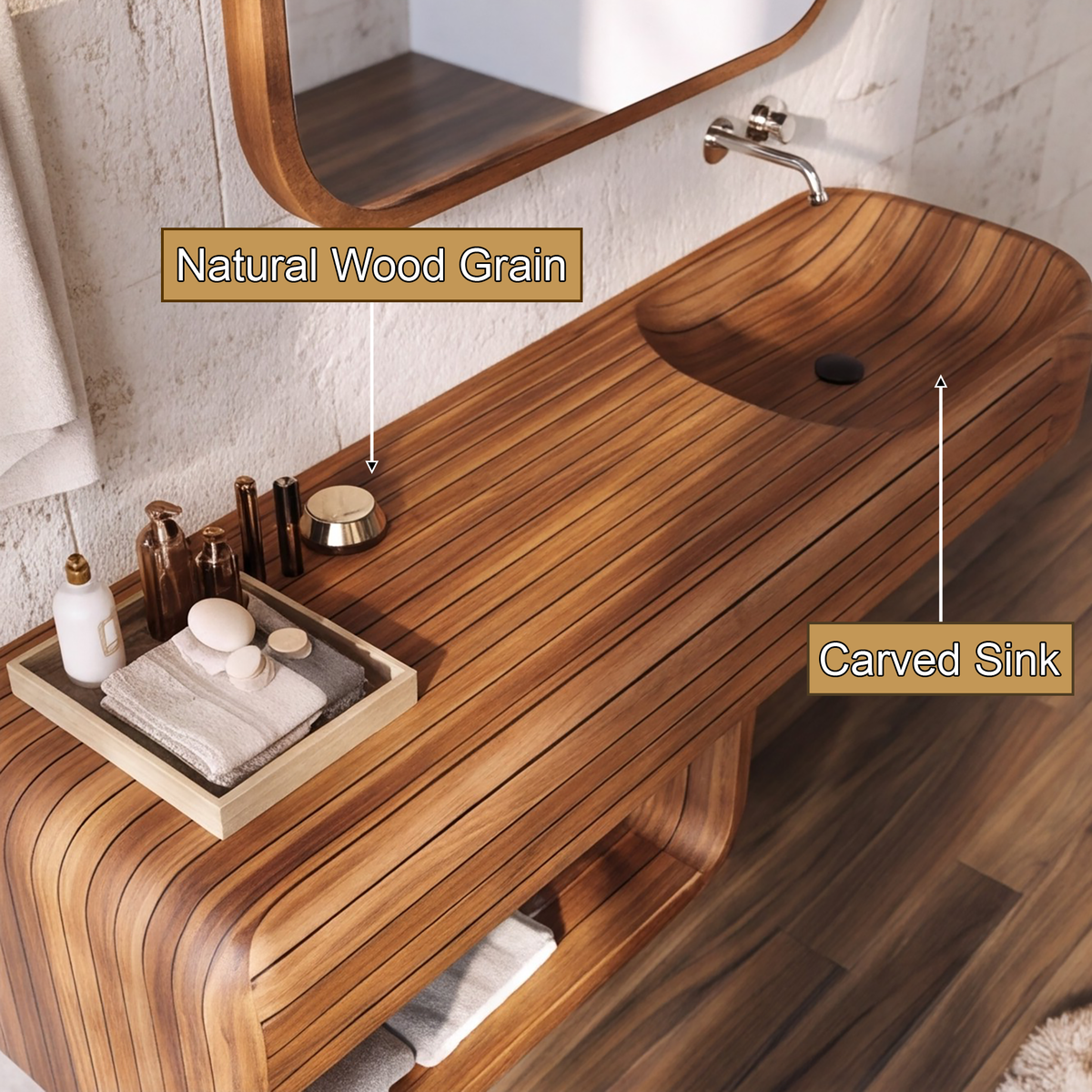 Rivessa Ribbed Sculpted Handcrafted Floating Bathroom Vanity with Integrated Sink and Open Storage by Timberustic — product detail view 7