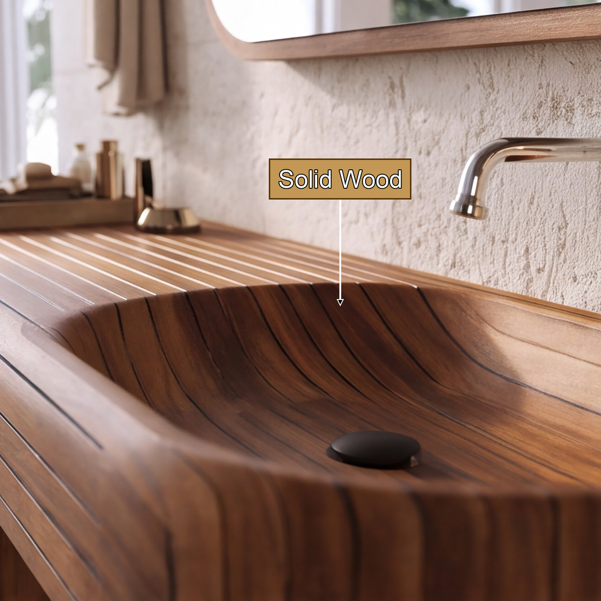 Rivessa Ribbed Sculpted Handcrafted Floating Bathroom Vanity with Integrated Sink and Open Storage by Timberustic — solid wood detail