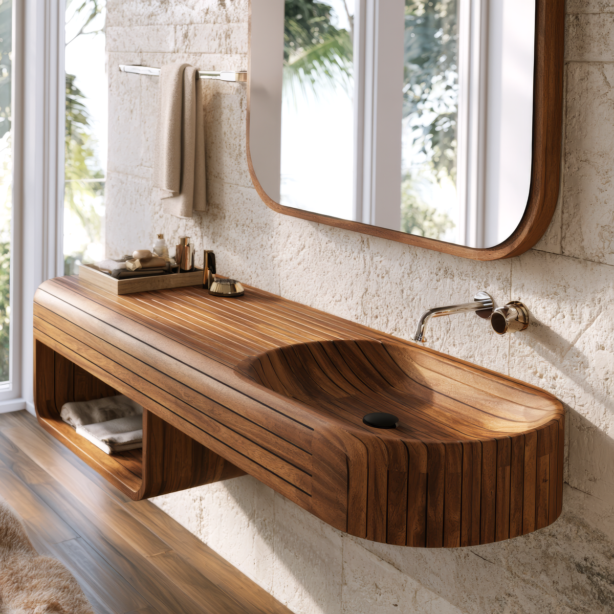Rivessa Ribbed Sculpted Handcrafted Floating Bathroom Vanity with Integrated Sink and Open Storage by Timberustic — overall product view