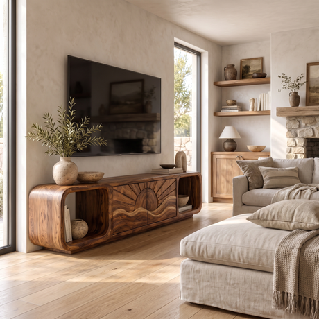 Solvaya Sculpted Sunrise Landscape Handcrafted TV Cabinet Brown - Timberustic TV Cabinet