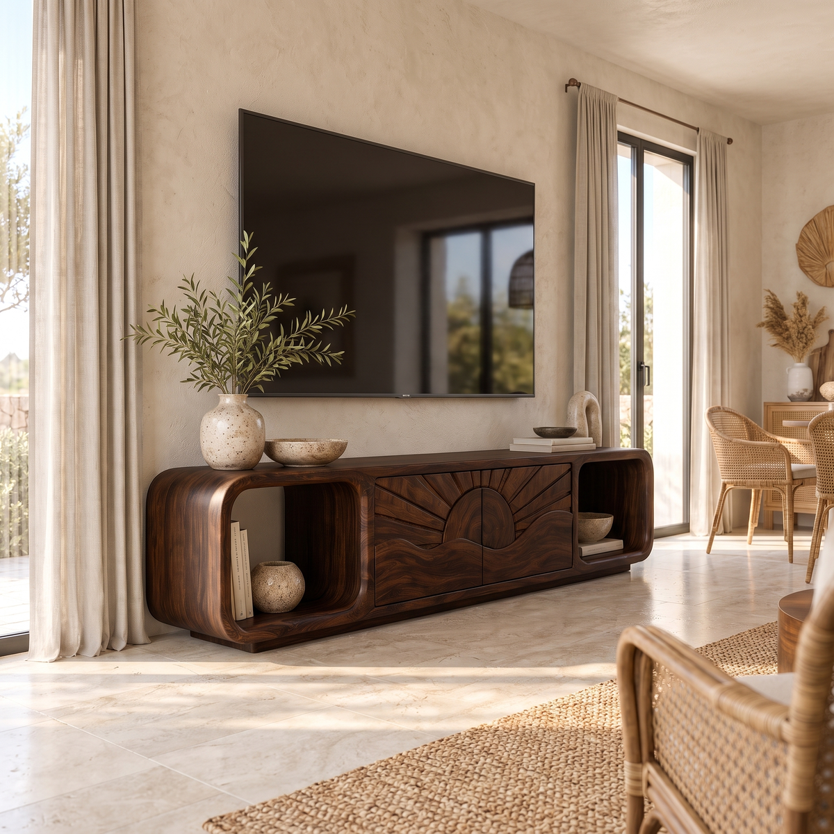 Solvaya Sculpted Sunrise Landscape Handcrafted TV Cabinet Dark Walnut - Timberustic TV Cabinet