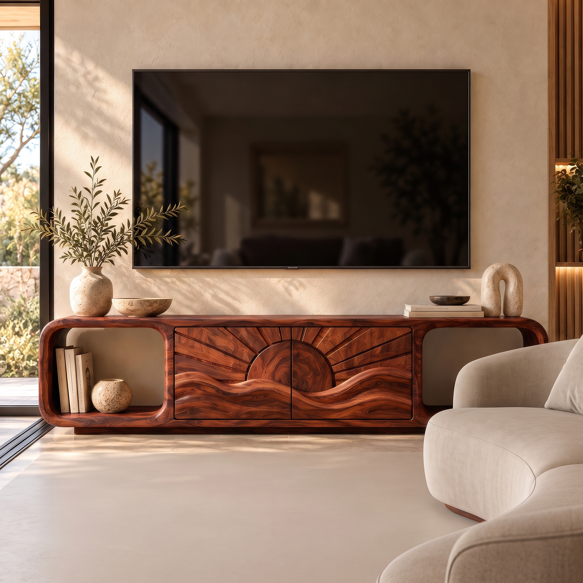 Solvaya Sculpted Sunrise Landscape Handcrafted TV Cabinet Mahogany - Timberustic TV Cabinet