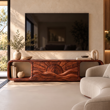 Solvaya Sculpted Sunrise Landscape Handcrafted TV Cabinet Mahogany - Timberustic TV Cabinet