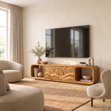 Solvaya Sculpted Sunrise Landscape Handcrafted TV Cabinet Teak - Timberustic TV Cabinet