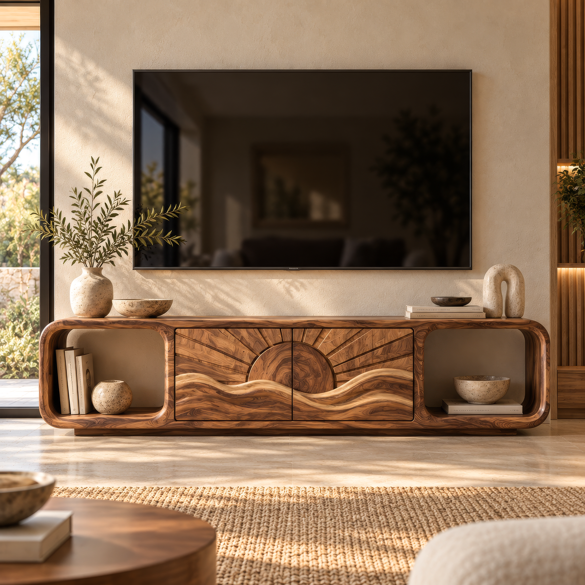 Solvaya Sculpted Sunrise Landscape Handcrafted TV Cabinet - Timberustic TV Cabinet