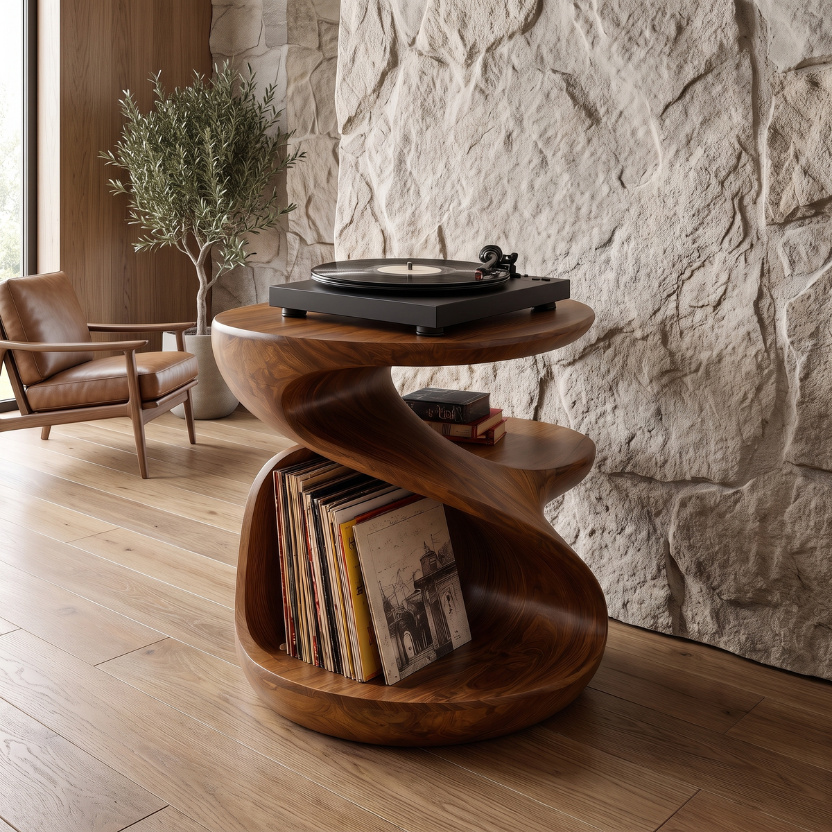 Sonavere Twisting Sculpted Handcrafted Record Player Stand With Storage Brown - Timberustic Record Player Stand With Storage