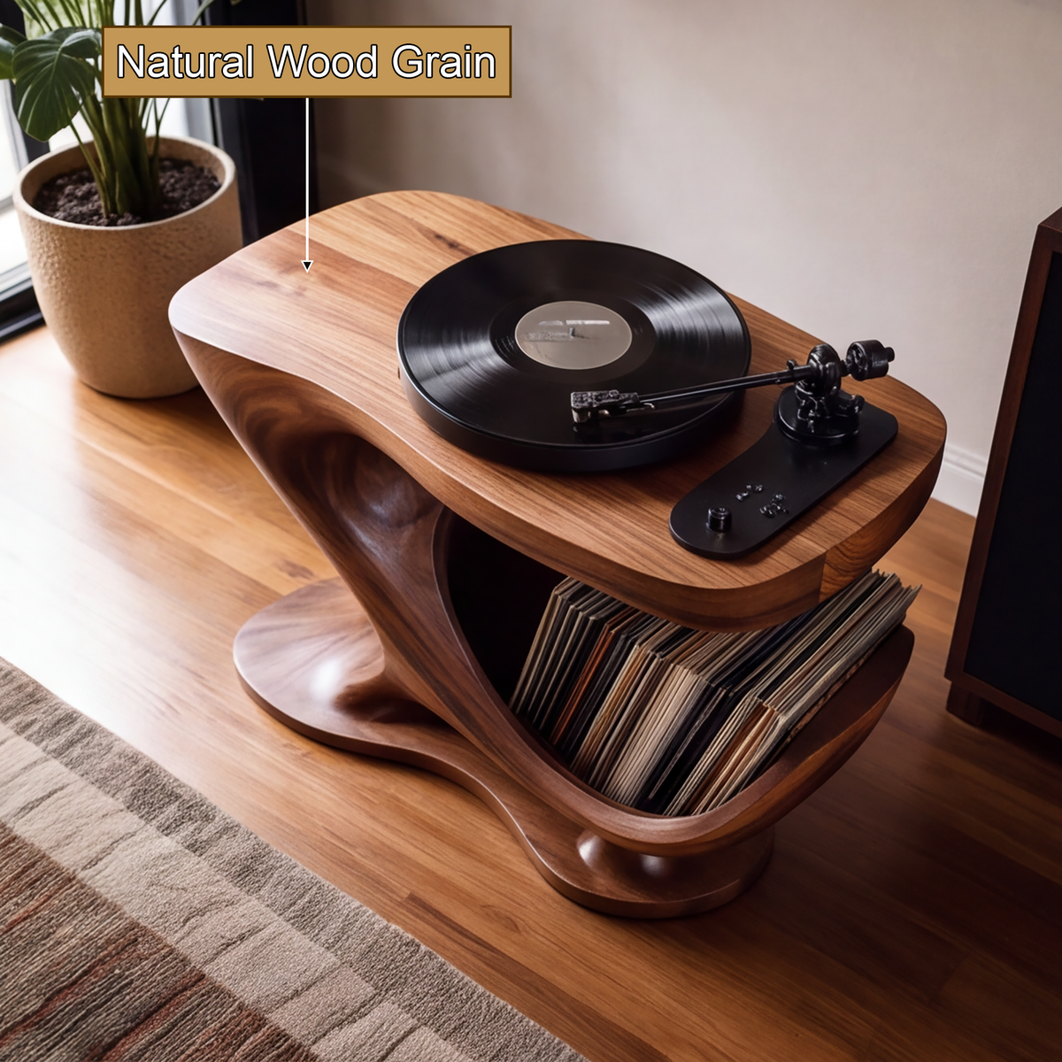 Sonvella Flowing Sculpted Handcrafted Record Player Stand With Storage - Timberustic Record Player Stand With Storage