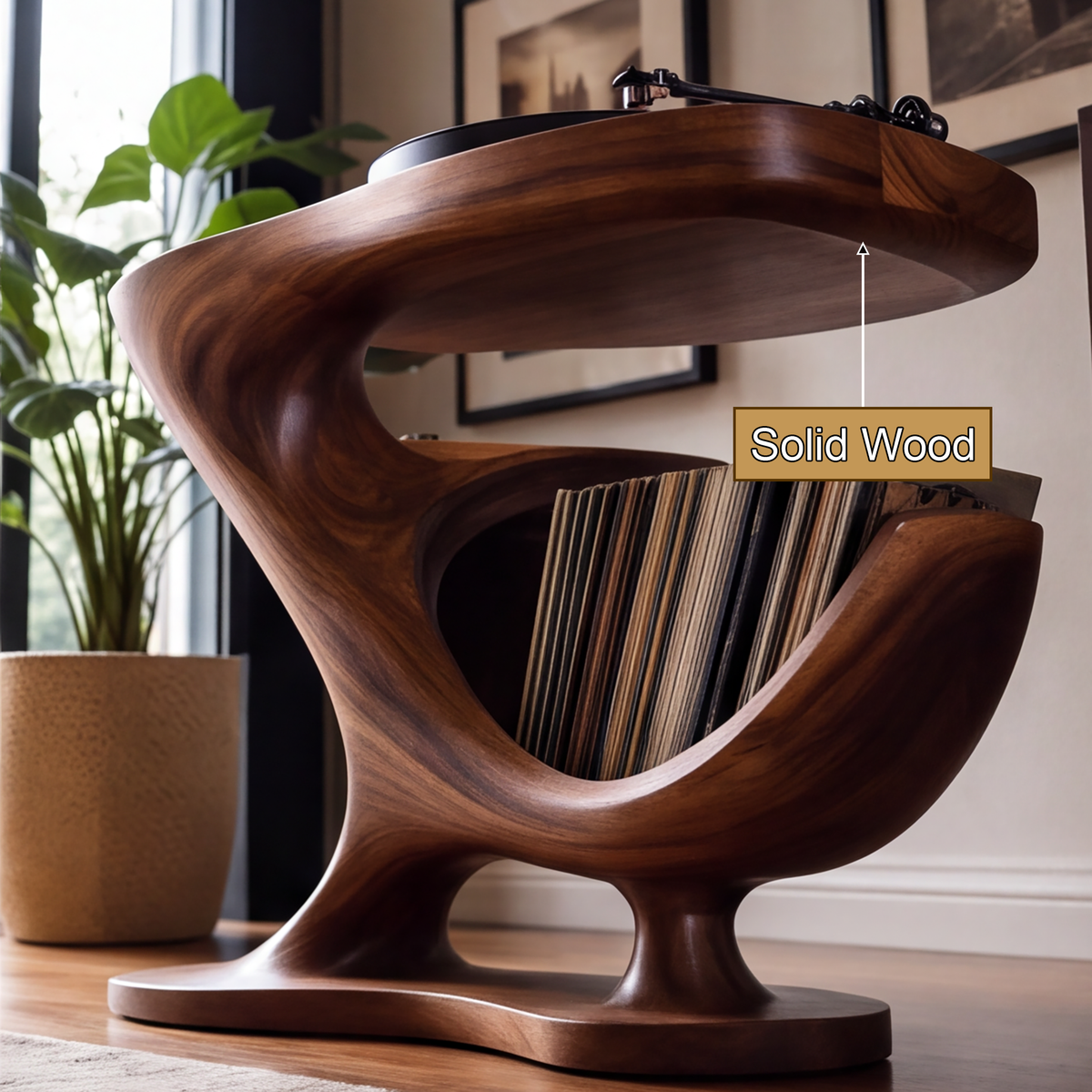 Sonvella Flowing Sculpted Handcrafted Record Player Stand With Storage - Timberustic Record Player Stand With Storage