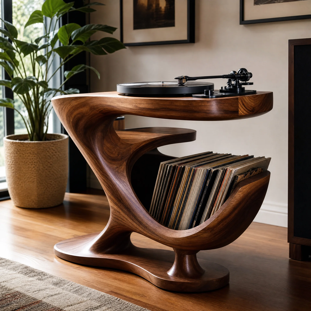 Sonvella Flowing Sculpted Handcrafted Record Player Stand With Storage - Timberustic Record Player Stand With Storage