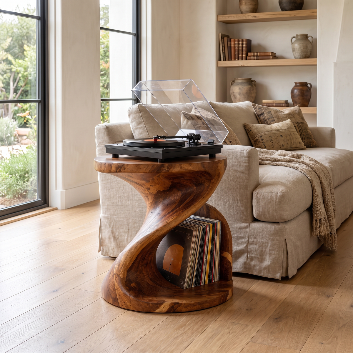 Sonvessa Twisting Sculpted Handcrafted Record Player Stand With Storage Brown - Timberustic Record Player Stand With Storage