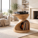 Sonvessa Twisting Sculpted Handcrafted Record Player Stand With Storage Natural Oak - Timberustic Record Player Stand With Storage
